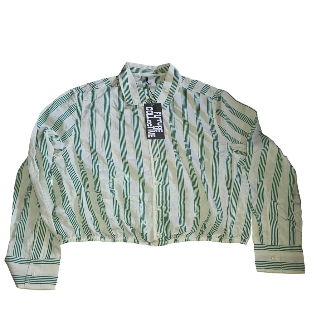 Future Collective Green Cream Striped Cropped Button Down Shirt XL
